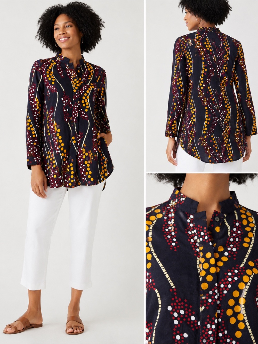 Zuri Kenya African Print Cotton Tunic Blouse Small Navy Yellow Red Button Front
